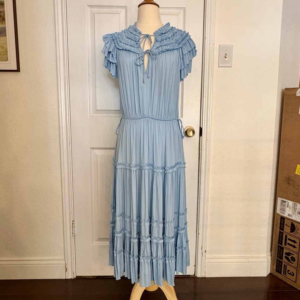 Elite Tahari Elegant Blue Ruffled Maxi Dress
